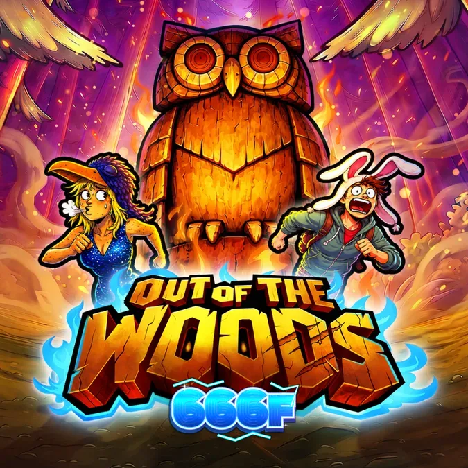 Tampilan visual slot Out Of The Woods dengan tema hutan gelap dan simbol misterius